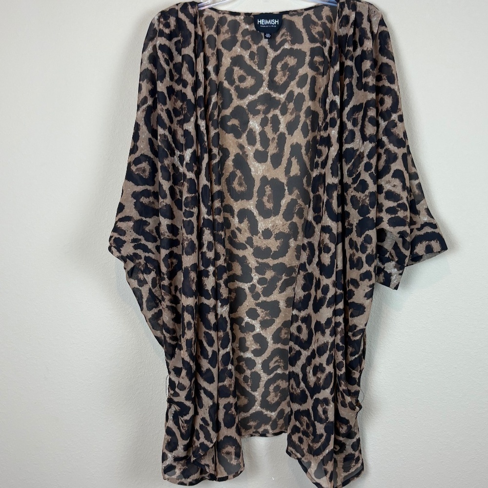 Heimish Black/Brown Leopard Sheer Kimono Cardigan w/ Pleated Shoulder Seams